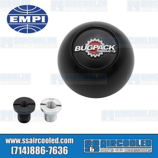 EMPI VW Shifter Knob, Bugpack Logo, Aluminum, Black, 00-4683-0